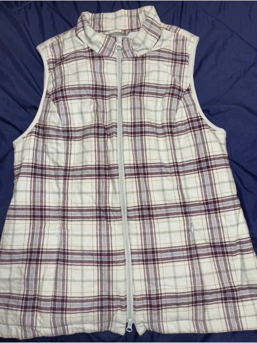 J. Jill aqua Plaid Quilted Sleeveless Vest with Burgundy Accents